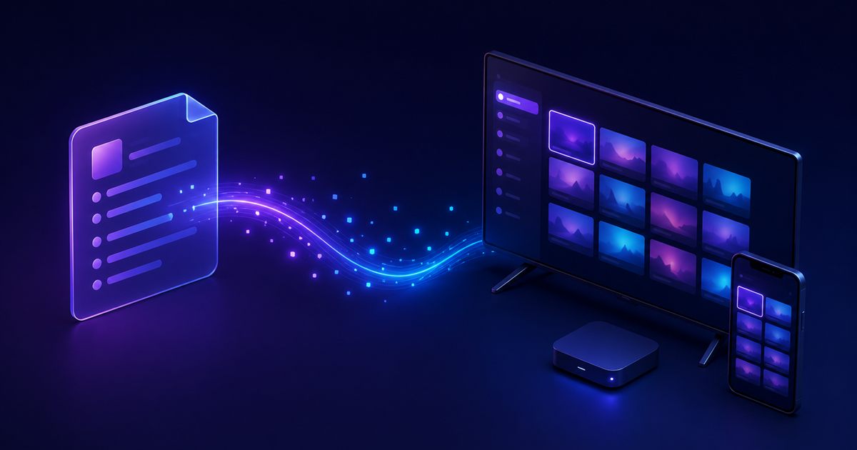 Schéma illustrant le fonctionnement d'un lecteur IPTV : une playlist envoie ses flux vers un téléviseur, une box TV et un smartphone