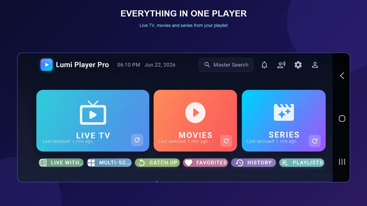 Lumi Player Pro home screen — live TV, movies and series