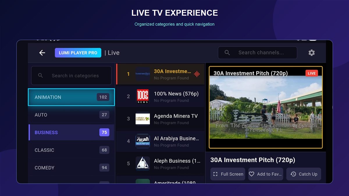 Lumi Player Pro live TV interface with organized categories