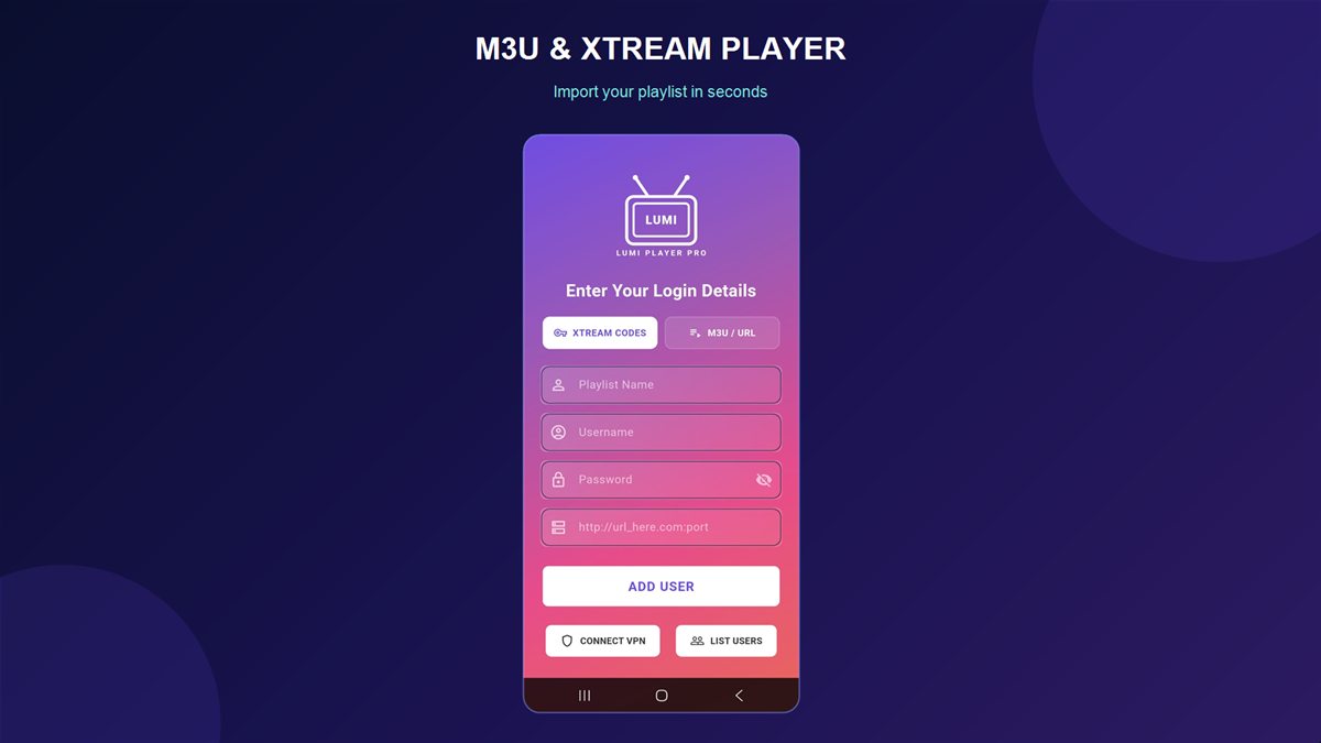Lumi Player Pro Xtream Codes login screen
